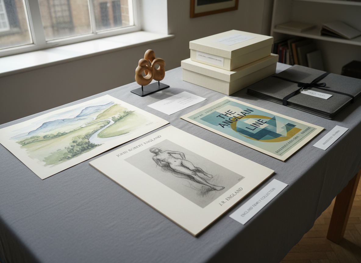 A meticulously arranged gallery table showcasing an archival selection of British art and design attributed to John Robert England. Flat, unframed works rest on a soft grey conservation cloth: a lyrical landscape study, a charcoal figure drawing, a refined graphic design poster, and a small wood carving displayed on a discreet stand. Beside them, acid-free boxes and a labelled portfolio hint at a collection of over a hundred works, including contributions from family members. Soft, indirect daylight from a high studio window washes across the table, creating gentle shadows and revealing paper textures and pencil marks. Photographed at eye level with a slight angle, in crisp photographic realism, the mood is scholarly, calm and sophisticated, evoking a serious yet intimate archive space.