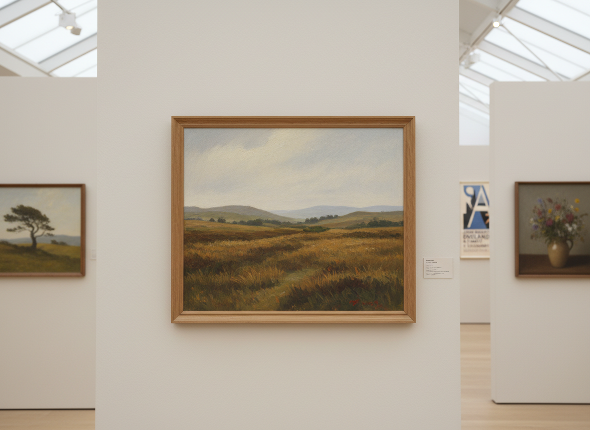 A large, finely detailed British landscape painting photographed as if hanging in a quiet gallery, its surface showing delicate brushwork of moorland, distant hills and a pale, clouded sky. The frame is simple, matte oak, echoing mid‑20th‑century taste. Around it, other works by John Robert England and family members are hinted at in soft blur: a small tree study, a muted floral piece, and a graphic poster on the far wall. Gentle overcast light from a skylight bathes the scene, minimising glare and revealing subtle colour transitions. Shot straight on with balanced composition and photographic realism, the mood is contemplative and refined, drawing attention to landscape as a central theme of the archive.